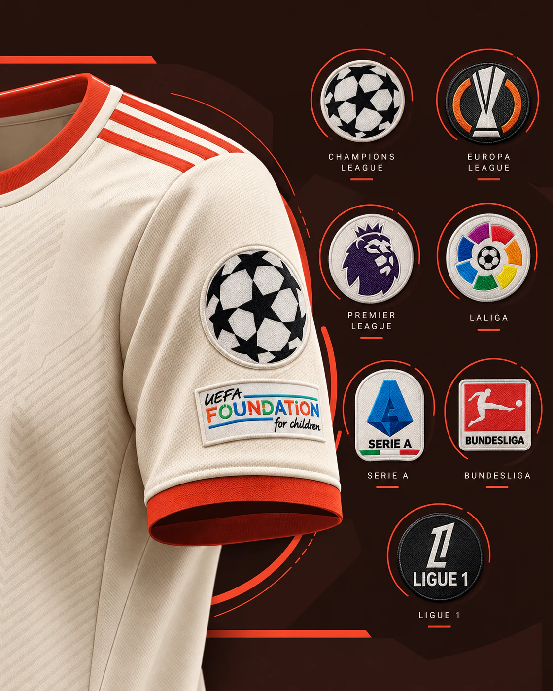 Football jersey sleeve with Champions League, Europa League, Premier League, LaLiga, Serie A, Bundesliga and Ligue 1 patch options